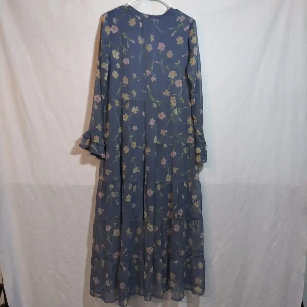 Patrons of Peace Blue Floral Bishop Sleeve Midi Semi Sheer Size M